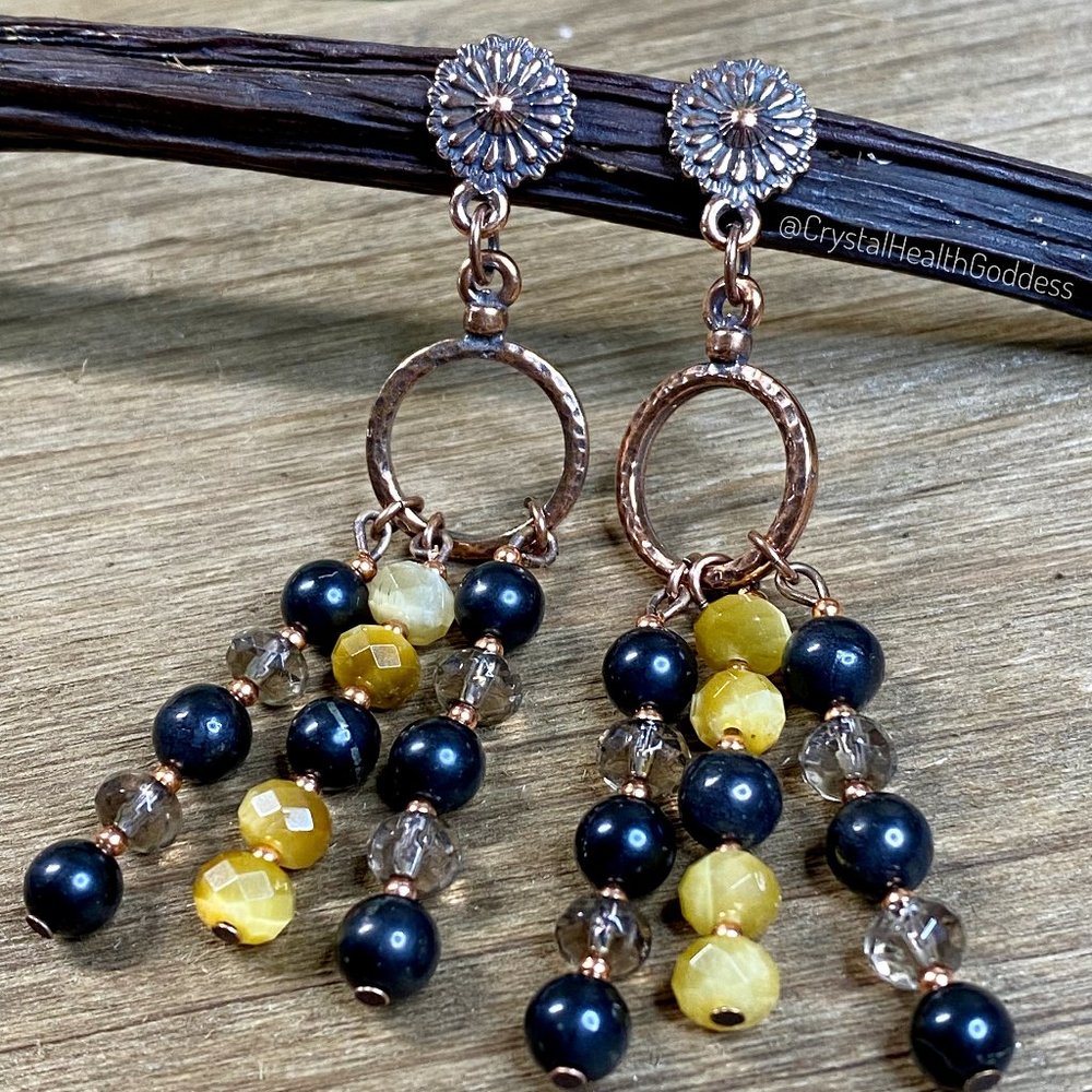 Shungite + Smokey Quartz + Tiger Eye Antique Copper Chandelier Earrings